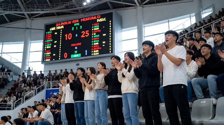 篮球馆内电子记分牌与比赛现场观众画面